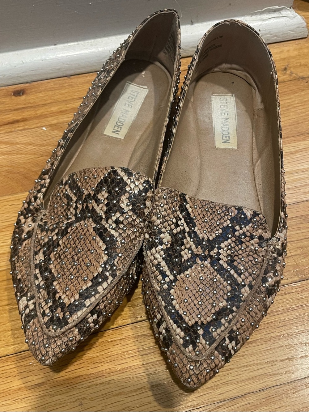 Steve Madden Pointed Snake-Print Studded Flats in Brown and Black